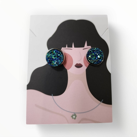 Jewelry - Gypsie Whimsical Druzy Stud Earrings Blue Green Sparkly Festival Mermaidcore